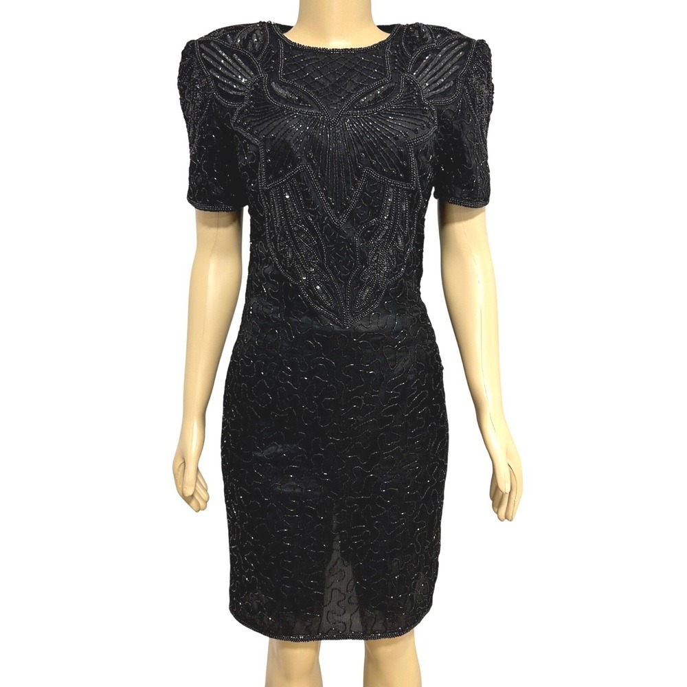 Vintage 80s AP LTD Black Silk Beaded Sequin Puffy Shoulder Short Cocktail‎ Dress